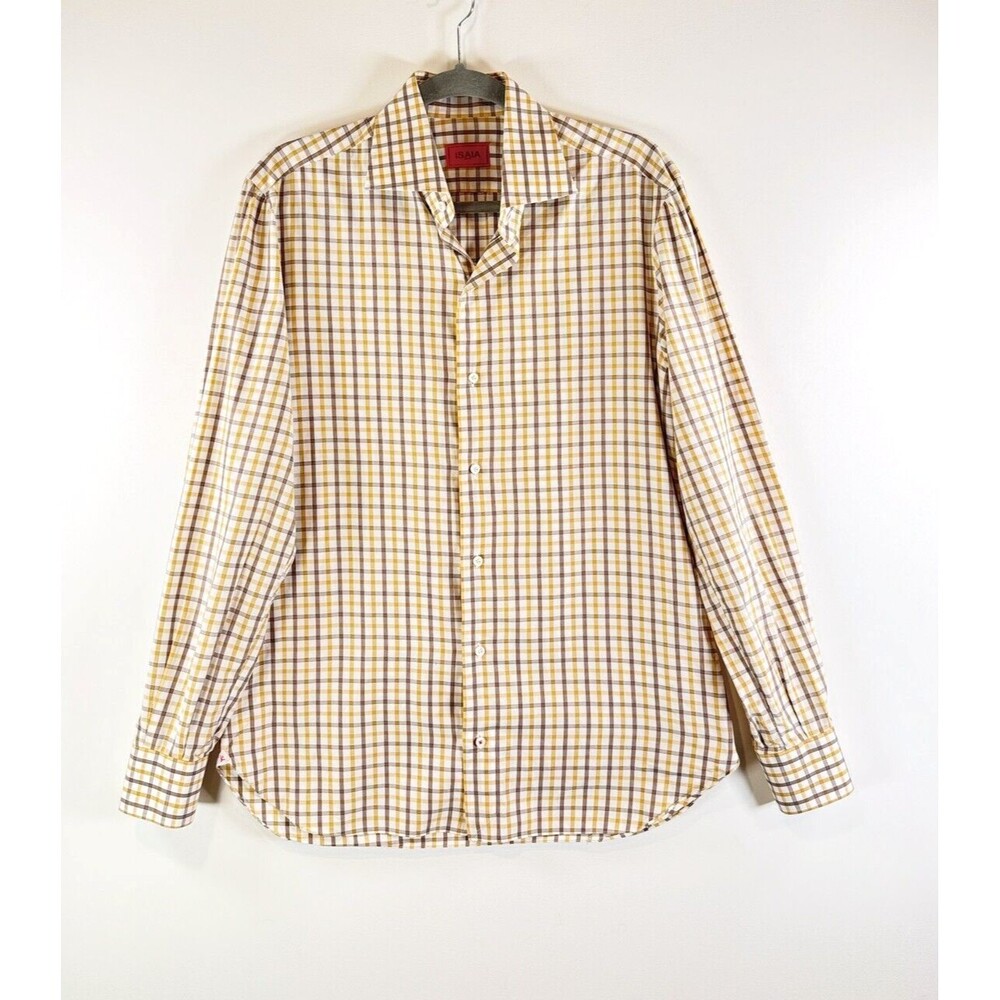 ISAIA Napoli Men Button Up Shirt Camel Plaid Long Sleeve Classic Medium